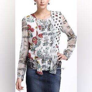 ✨5 for $25✨ LEIFNOTES x ANTHRO Spades Mix Print Semi Sheer Ruffle Detail Blouse